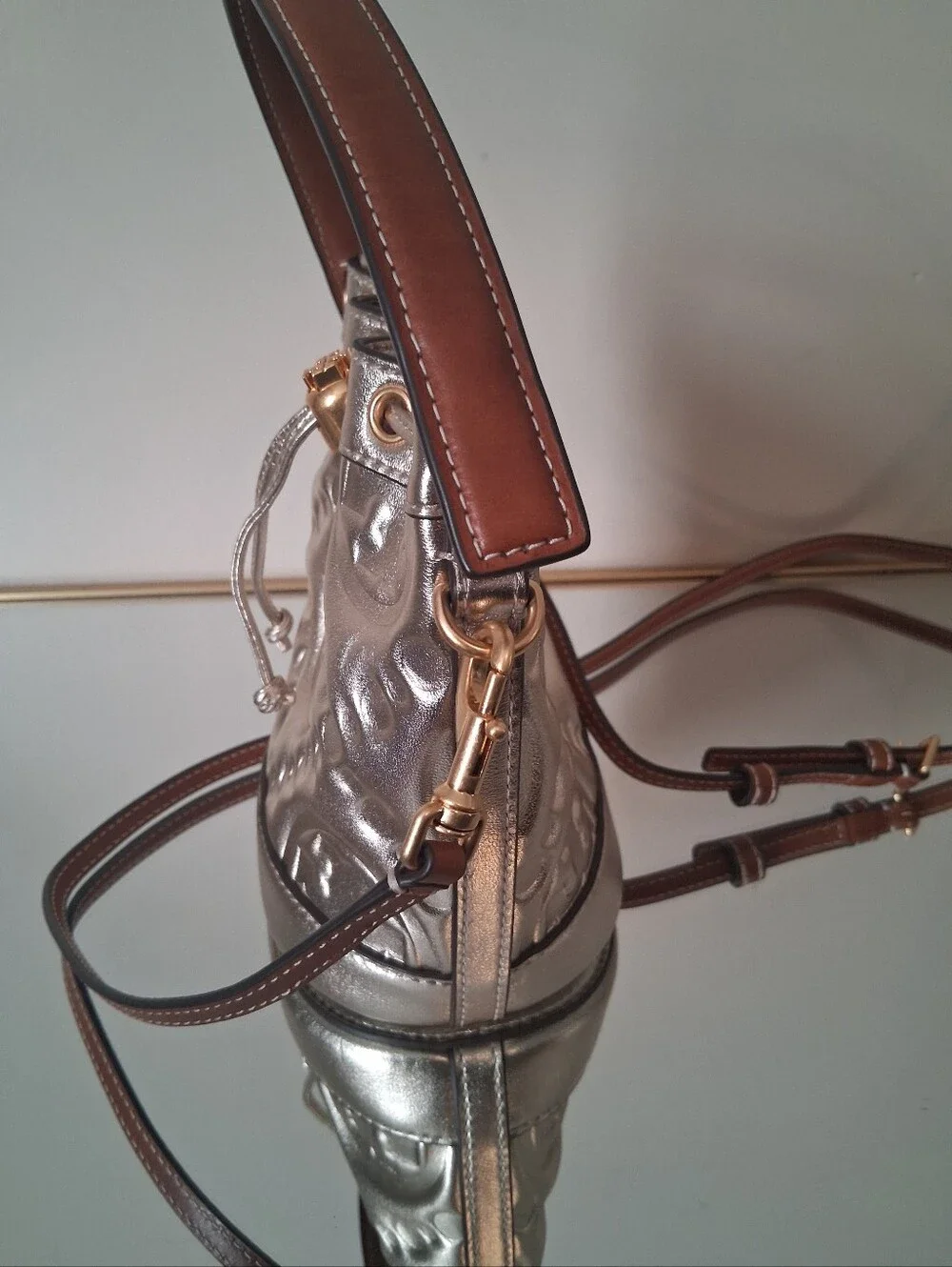 Tory Burch Mini T Monogram Metallic Bucket Bag